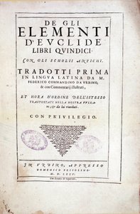 Frontespizio del volume XV "Elementi" del matematico greco Euclide (III secolo a.C.) da Italian School