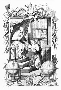 Frontespizio per Biblioteca Universale Sacro-Profana, Vol. 1 di Vincenzo Coronelli, stampa realizzata da Alessandro dalla Via, pubblicato nel 1701 da Italian School