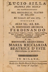 Frontespizio da Lucio Silla di Mozart, eseguito a Milano nel 1773 da Italian School