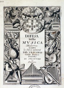 Frontespizio della Difesa della musica moderna: contro la falsa opinione del Vescovo Cirillo Franco, di Re Giacomo IV di Portogallo da Italian School