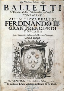 Frontespizio della partitura musicale di Balletti a tre, opera III di Tomaso Albinoni (1671-1750)