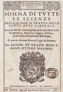 Frontespizio tratto da Somma di tutte le scienze, saggio sulle arti liberali, di Aurelio Marinati da Italian School