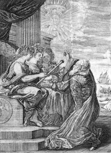Galileo, astronomo (1564-1642) presenta il telescopio alle tre grazie. Con la mano destra indica il pianeta Giove con i suoi satelliti scoperti da lui stesso e dedicati alla famiglia Medici. Frontespizio di 