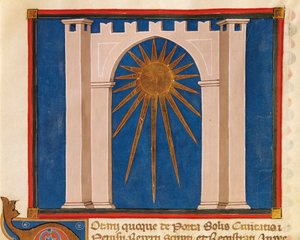 Porta del Sole, miniatura dal Registro dei Notai di Perugia, manoscritto, Italia XIV secolo