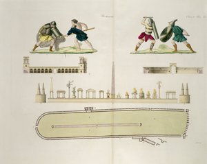 Gladiatori e pianta del circo di Caracalla, tavola 23A, classe 5 da Parte I di La storia delle nazioni, inciso da A. Nani da Italian School