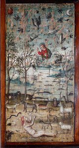 Dio crea Adamo, animali, terra, cielo e acqua. Dipinto su legno che decora un pannello di un armadio dell