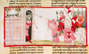 I guelfi bloccano i ghibellini dal rientrare in città, miniatura dalla Cronica di Giovanni Villani, manoscritto, Italia XIV secolo