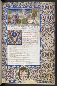 Miniatura di Petrarca e Laura, con Amore che mira la sua freccia a Laura, da 