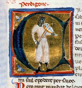 Lettera storica (lettera A). Il trovatore Perdigon suona il vecchio