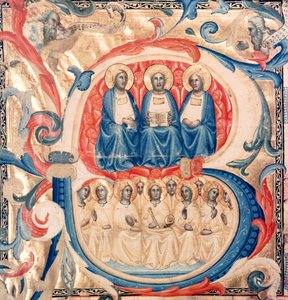 Iniziale istoriata B raffigurante la Trinità e Cristo circondato da angeli, Scuola Bolognese, c.1340-50 da Italian School
