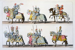 Sacro Romano Impero: Partecipanti a un torneo al Castello di Lussemburgo ai tempi di Massimiliano I, da Costumi dei Romani, Svizzeri.. c.1800-18 da Italian School