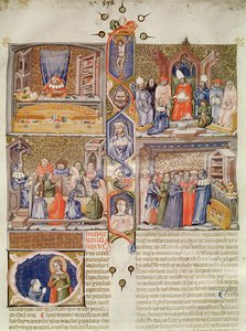 Illustrazione divisa in quattro scene: Un giurista al suo tavolo; Un papa a cui viene offerto un libro; Una lezione in un collegio di diritto; Una libreria, con una capitale istoriata che raffigura Santa Caterina e un or da Italian School