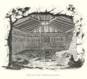 Interno di una tomba etrusca (incisione) da Italian School
