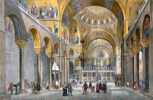 Interno della Basilica di San Marco, guardando verso la cupola, da Vedute di Venezia di Cecchini, Pividor e Viola, c.1850 (litografia colorata a mano) da Italian School