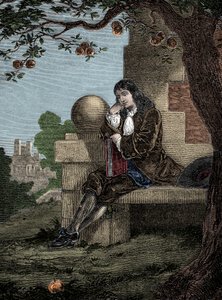 Isaac Newton osserva una mela cadere mentre è seduto sotto un albero