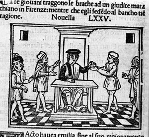 Scena di giudizio a Firenze. Illustrazione per la novella 75 (Nuova 5 dell