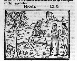 Lidia, una moglie adultera, viene sorpresa dal marito tra le braccia di Pirro. Illustrazione per la novella 69 (Novella 9 del settimo giorno) del "Decameron" di Giovanni Boccaccio. Incisione in "Decamerone ouer Cento novelle"