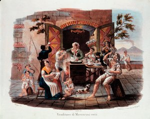 Piccolo mestiere napoletano: un venditore di maccheroni cotti. In lontananza il Vesuvio sulla baia di Napoli. Litografia del XIX secolo. Museo Nazionale delle Paste Alimentari, Fondazione Agnesi, Roma da Italian School