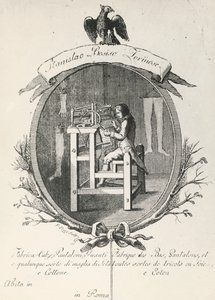 Telaio per la fabbricazione di calze, pantaloni e guanti, incisione per manifesto pubblicitario della ditta Stanislaus Bosiso, Italia da Italian School