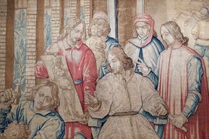 Lorenzo il Magnifico tra gli scultori e i pittori al Giardino dei Medici a San Marco. Arazzo 1516. Genova. Italia.