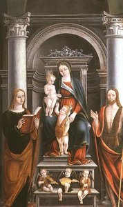 Madonna col Bambino che riceve una rosa dal giovane San Giovanni Battista, con santi e angeli di M.B. (monogramma)