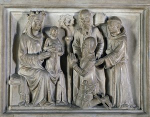 Madonna col Bambino, con un guerriero e santi, rilievo creato dai Maestri di Campione. Italia da Italian School