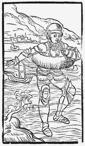 Uomo con salvagente, illustrazione da Historia de Gentibus Septentrionalibus di Olaus Magnus (1490-1558), pubblicato a Roma, 1555 da Italian School