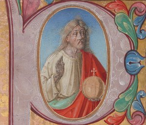 Illustrazione di Salvator Mundi in una iniziale P, da un libro corale