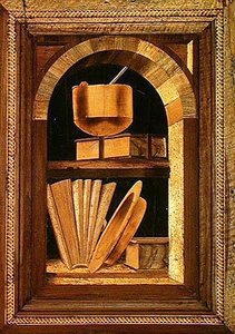 Pannello di intarsio di una natura morta con libri