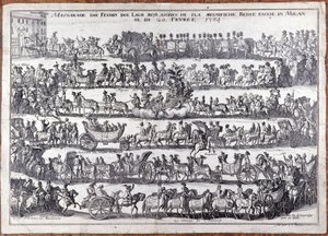Mascherata: processione e danza di persone mascherate in occasione del carnevale. Milano 20/02/1764. Incisione del XVIII secolo
