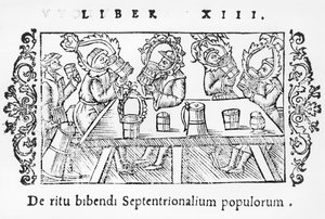 Uomini che bevono, illustrazione da Historia de Gentibus Septentrionalibus di Olaus Magnus (1490-1558), pubblicato a Roma, 1555 da Italian School