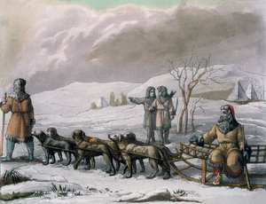 Uomini di Kamchatska, con una slitta trainata da cani, da Costumi dei... di Giulio Ferrario, c.1820-30