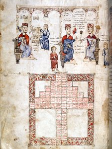 Pagina miniata di "Ecloga Legum", manoscritto legale risalente al 1175. I personaggi mostrati sono da sinistra a destra Giustiniano I (482 - 565), Leone I (457-474) e Costantino I il Grande (270/288 - 337). Venezia, bibl. Marciana. da Italian School