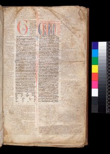 Ms 213. Gregorio IX, Decretales con Apparatus di Bernardo Botone di Parma, F.1r. Iniziale [G] in rosso con decorazione riservata e a penna blu
