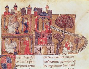 Ms 269 Fol.108 Aristotele (384-322 a.C.) istruisce Alessandro Magno (356-323 a.C.) in morale e nel disprezzo delle donne, da Le Livre du Tresor di Brunetto Latini (1220-94) da Italian School