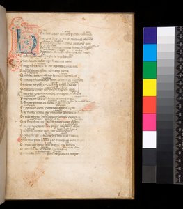 Ms 315. Orazio, Ars Poetica e Epistulae, f.1r. Iniziale decorata [N] in blu e rosso con riempimento a scacchi e decorazione a penna circostante in rosso da Italian School