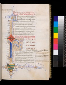 Ms 329. Stazio, Tebaide, f.19r. Iniziale illuminata [F] in blu con decorazione riservata per l
