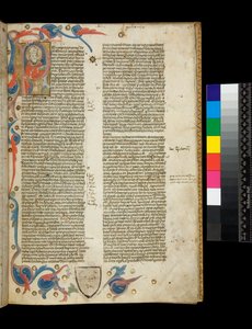 Ms 370. Orosio, Historiarum Adversum Paganos Libri Septem, f.2r. Iniziale abitata illuminata [P], con ritratto dell