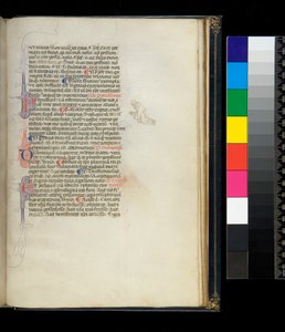 Ms 373. Pseudo-Cicerone, Rhetorica ad Herennium, e altre opere, f.50r. Iniziali fiorite a penna e una decorazione a penna nel margine che rappresenta un monaco scalzo inginocchiato, c.1337