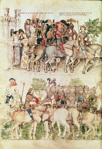 Artù e i suoi cavalieri partono per la ricerca del Santo Graal, dalla Queste del Saint Graal, c.1380-85 da Italian School