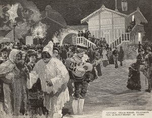 Chiosco musicale per raccogliere fondi per i ciechi, maschera di Pulcinella, Carnevale a Napoli, Italia, incisione da disegno di Matania, incisione di Gamberoni da L