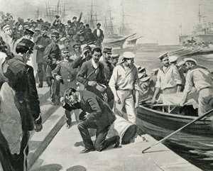 Ammutinamento della corazzata russa Potemkin che sbarca nel porto di Costanza in Romania, illustrazione da L
