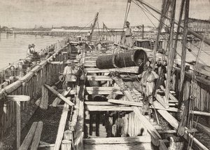 Nuovo acquedotto a Venezia, posa del canale nella laguna, Italia, incisione da un disegno di Riera, da L
