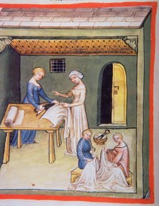 La bottega dei sarti: vestiti di lino, dal Tacuinum Sanitatis