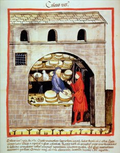 Vendita di formaggio stagionato, dal Tacuinum Sanitatis