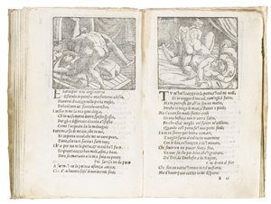 Pagina da "Sonetti Lussuriosi" di Pietro Aretino, illustrata da Giulio Romano e incisa da Marcantonio Raimondi, pubblicata a Venezia, c.1527