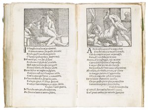 Pagina da "Sonetti Lussuriosi" di Pietro Aretino, illustrata da Giulio Romano e incisa da Marcantonio Raimondi, pubblicata a Venezia, c.1527