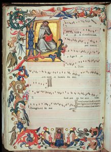 Pagina di notazione musicale con iniziale istoriata, dal Codice Squarcialupi, prodotto nel monastero fiorentino di S. Maria degli Angeli da Italian School
