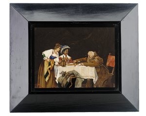 Pannello raffigurante un cavaliere e un monaco a tavola con una dama in attesa, Menegatti, Firenze, fine XIX secolo da Italian School