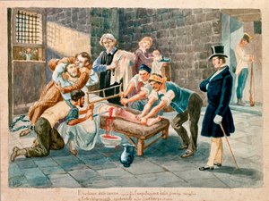 Patriota e membro della Carboneria Pietro Maroncelli (1795-1846) fu amputato della gamba durante la sua prigionia nel penitenziario della fortezza di Spielberg in Moravia. Stampe del XIX secolo Museo del Risorgimento, Milano da Italian School